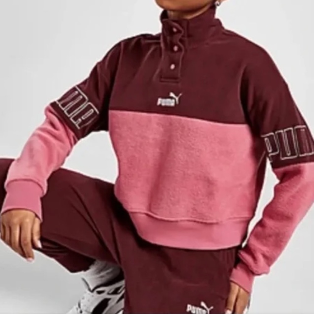 Puma Power Winterized Crew Dusty Orchid Pink Fleece Oversized Cropped Fit small